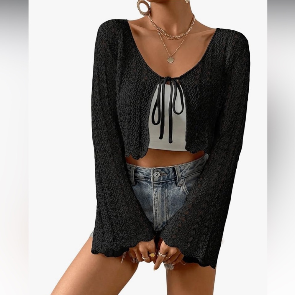 Women's Tie Front Long Sleeve Crop Cardigan Knit Top